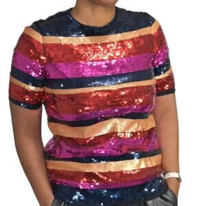 Trina Turk Gin Fizz Top Sequin Blouse Shiny Sparkly Rainbow Striped Boxy Size XS